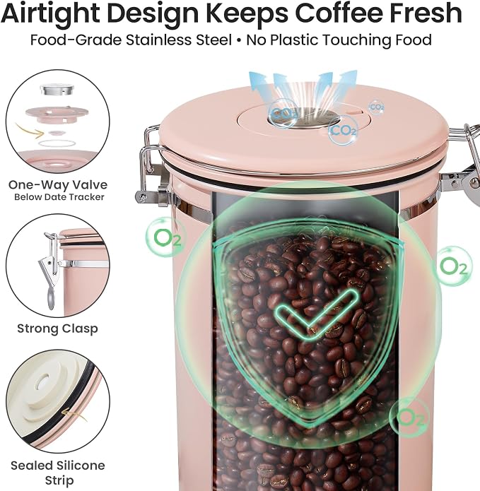 Veken Coffee Canister, 39OZ Large, Airtight Stainless Steel Food Storage Container for 2.2lbs Coffee Beans, Ground, Sugar, Tea, Cookie,Flour, Kitchen Bar Accessories with Date Tracker & Scoop, Pink