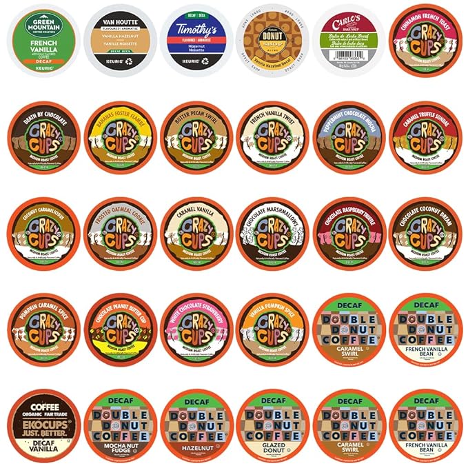 Crazy Cups Flavored Decaf Coffee Pods Variety Pack Sampler, Assorted Single Serve Decaffeinated Coffee Capsules for Keurig K Cups Brewers, 30 Flavored Decaf Coffees - No Duplicates