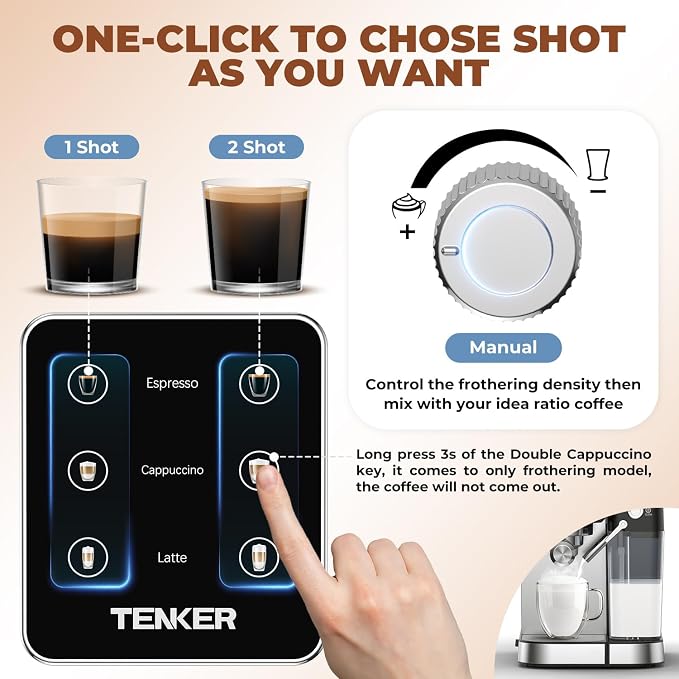 TENKER Espresso Machine 20 Bar, Cappuccino Machine with Automatic Milk Frother, Latte Machine in Stainless Steel Design, 1350W Touchscreen Coffee Maker for Home and Office (Silver)