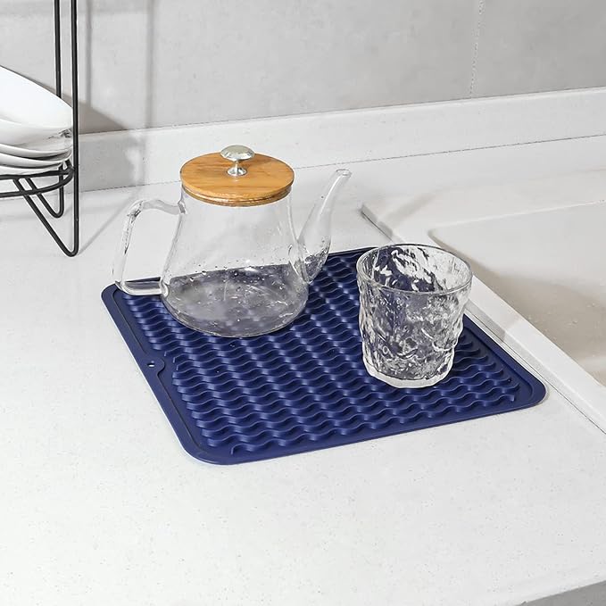 MicoYang Silicone Dish Drying Mat for Multiple Usage,Easy clean,Eco-friendly,Heat-resistant Silicone Mat for Kitchen Counter or Sink,Refrigerator or Drawer liner Navy Blue M 12 inches x 12 inches