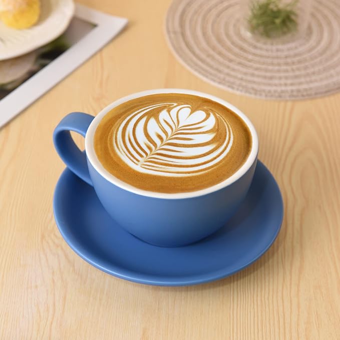 Yundu Ceramics Latte Cup and Saucer - 10 oz for Cappuccino,Tea,Cafe Mocha, Set of 4,Matte Mixed Color