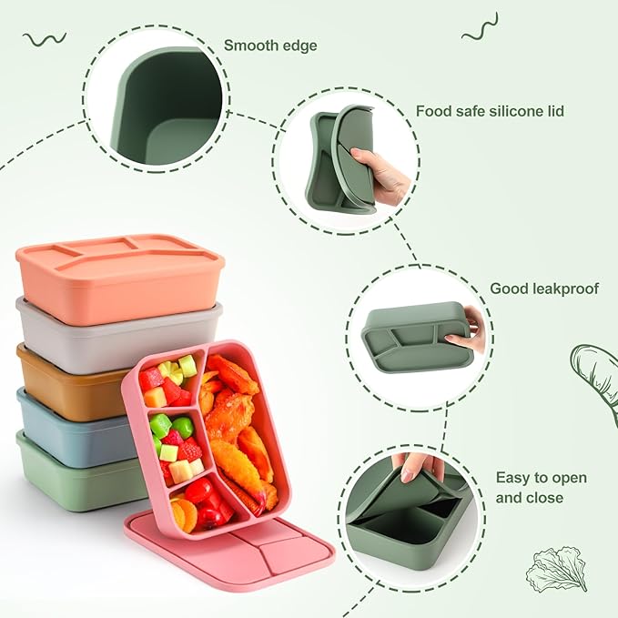 Honeydak 6 Pcs Silicone Bento Box Reusable Lunch Container 4 Compartment Snack Boxes with Lid Smooth LeakProof Rectangle Food Boxes for Adult Work Travel Food Storage (Cute Color)