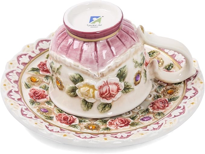 Ceramic Coffee Mug and Saucer Set for Women, Vitorian Hand-painted Rose Flower Tea Cup - 3oz(Red)