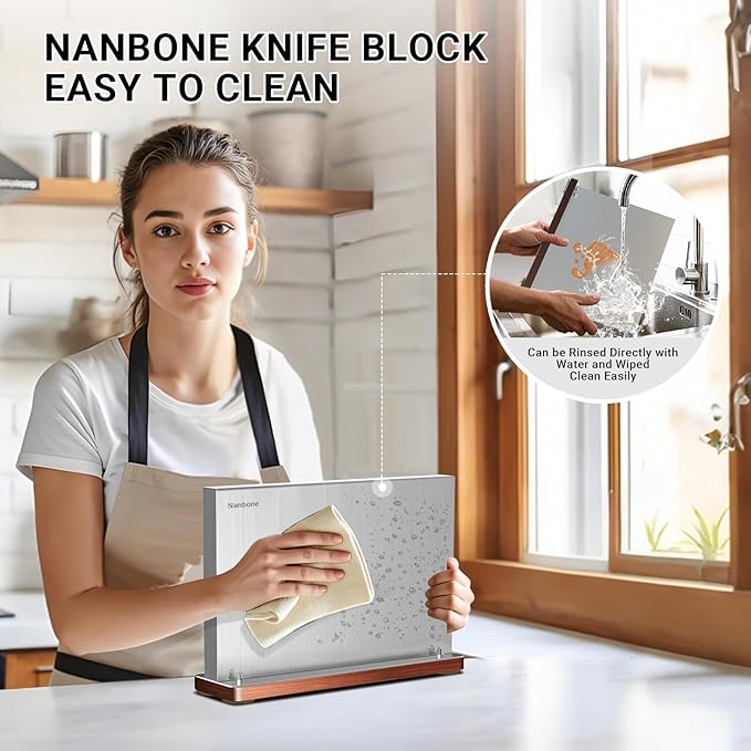 Magnetic Knife Block Stand Without Knives Double Sided Magnetic Knife Holder Rack for Kitchen Counter Stainless Steel Knife Magnetic Strip Display Stand Storage Organizer with Wood Base