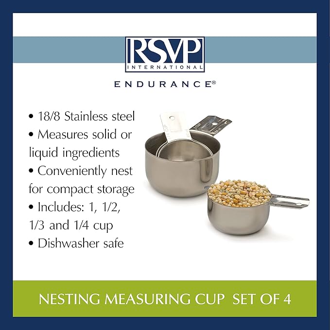 RSVP International Endurance Stainless Steel Measuring Cups, Set of 4 | 1/4 Cup to 1 Cup Measurements | Nest for Easy Storage | Dishwasher Safe | Dry or Liquid | Baking or Cooking