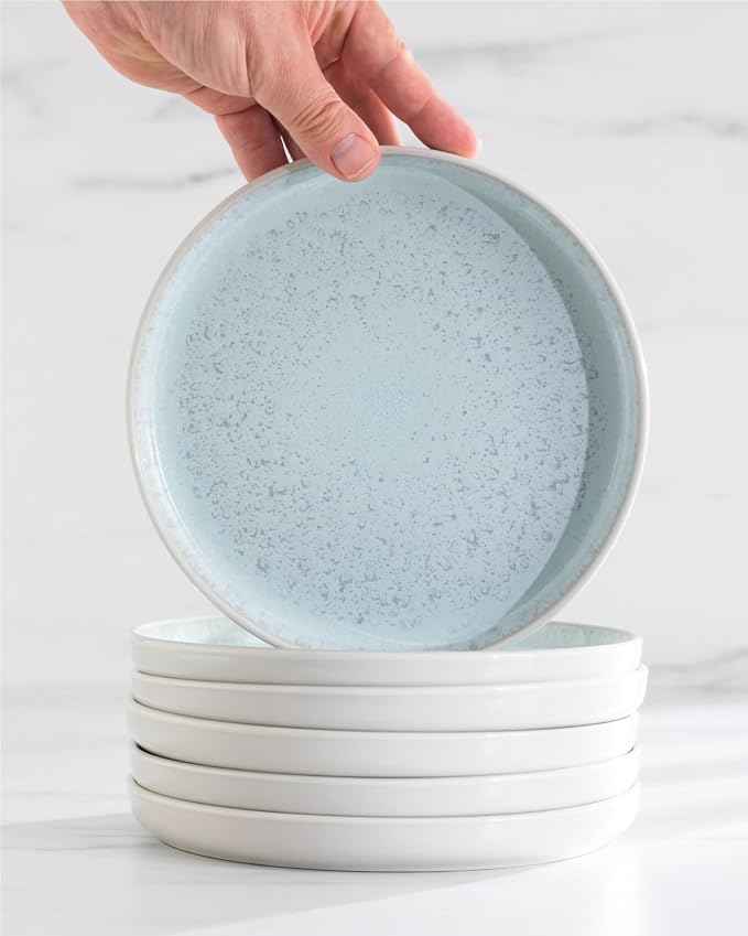 12 Piece Stoneware Dinnerware Set for 4 - Handmade Reactive Glaze Plates and Bowls Set - Chip & Scratch Resistant Dish Set - Dishwasher Microwave Safe - Light Beige & Blue