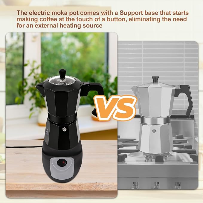 Electric Aluminum Moka Pot 3-6 Cup 150-270ml Espresso Maker with Detachable Base Ideal Coffee Makers for Home MochaPot Italian and Cuban Café Coffeemaker Espressomaker CoffeePot Black