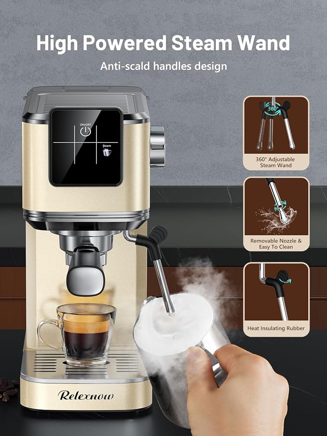 RELEXNOW Espresso Machine, 20 Bar Espresso Maker Milk Frother & LCD Panel, Hot & Iced Coffee Machine, Stainless Steel Espresso Coffee Machine with 41oz Water Tank for Cappuccino, Latte