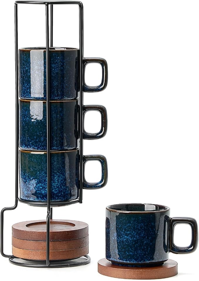 LUKA Porcelain Stackable Espresso Cups with Saucers and Metal Stand, 4 Ounce Small Ceramic Demitasse Cups Set for Latte, Specialty Coffee Drinks, Cafe Mocha,Tea - Set of 4, Reactive Blue