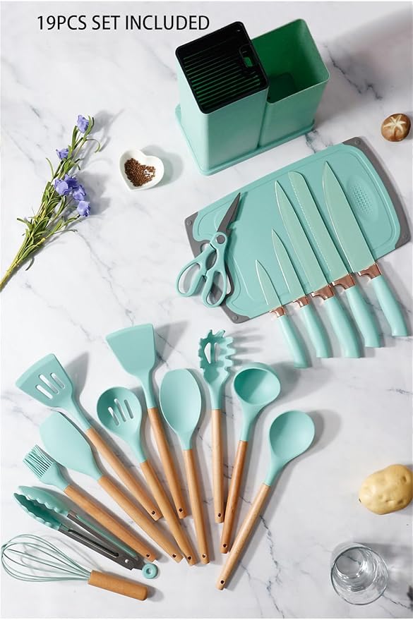 Kitchen Utensil and Knife Set with Storage, 19 in 1 Set with 11 Piece Silicone Cooking Utensils, 5 Pcs Sharp Stainless Steel Chef Knives Scissors Whisk Tongs and Cutting Board Teal