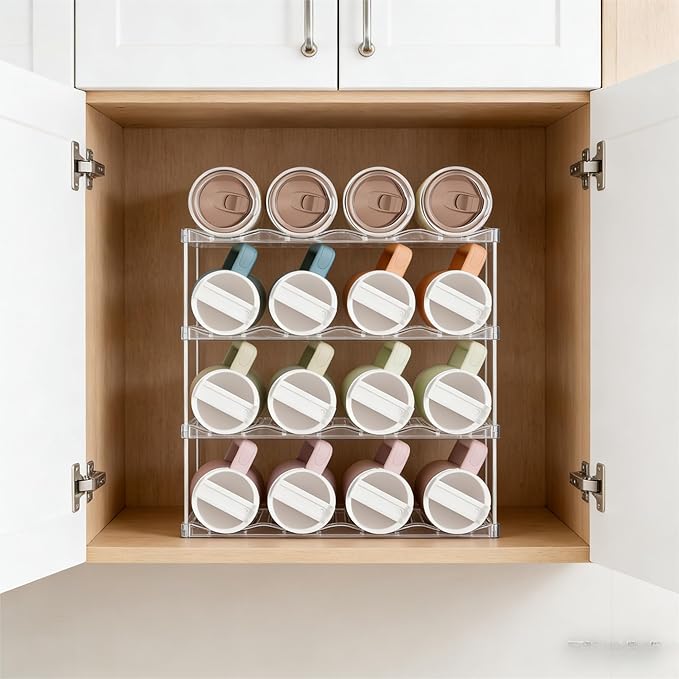 Yieach 4 Tier Waterbottle Organizer for Cabinet - Large Compartment Stackable Water Bottle Holder and Wine Bottle Rack,Acrylic Water Bottle Organizer Rack for 40 oz Stanley Cup,Yeti and Tumbler Shelf