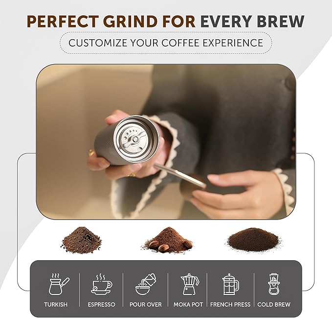 5 in 1 Manual Stainless Steel Coffee Grinder - Espresso Grinder, Manual Coffee Grinder, Coffee Grinder, Conical Coffee Burr Grinder with Double Bearing, Steel Body
