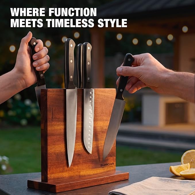 Magnetic Knife Block Acacia Wood, 12 x 10 Inch Double Sided Magnetic Knife Holder with Strong Enhanced Magnets, Wooden Knife Organizer Stand for Kitchen Countertop, Without Knives