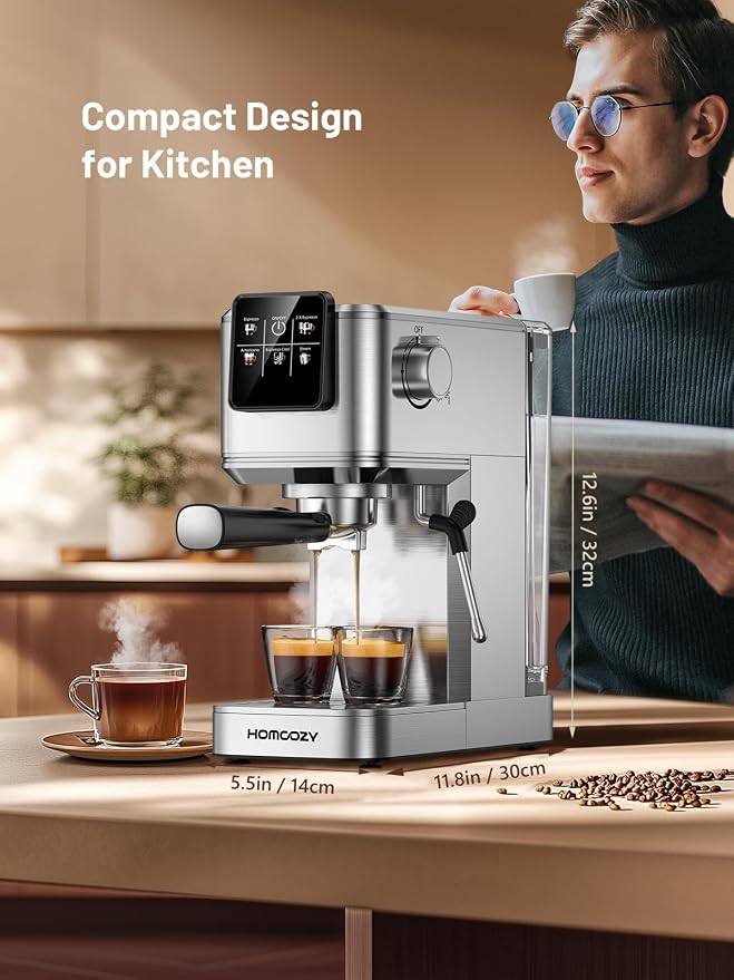 20 Bar Espresso Coffee Machine with Rapid Cold Brew Tech, Milk Frother, Touch Screen Control, Compact Water Tank, Ideal for Lattes, Cappuccinos, Americano, Home & Office(Sliver)