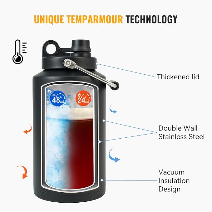 Insulated Gallon Jug with Handle, One Gallon, 128oz Stainless Steel, Large Double Vacuum Water Bottle for Cold Drinks, Wide Mouth, Sweat Proof, Carrier bag, Great for Travel, Camping, Black