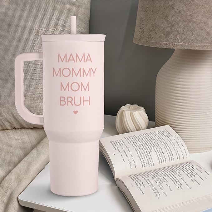 SANDJEST Gift for Mom - Mama Mommy Mom Bruh Stainless Steel Tumbler with Handle, Travel Coffee Mug for Moms - Gifts for Birthday Christmas Mothers Day, 40oz