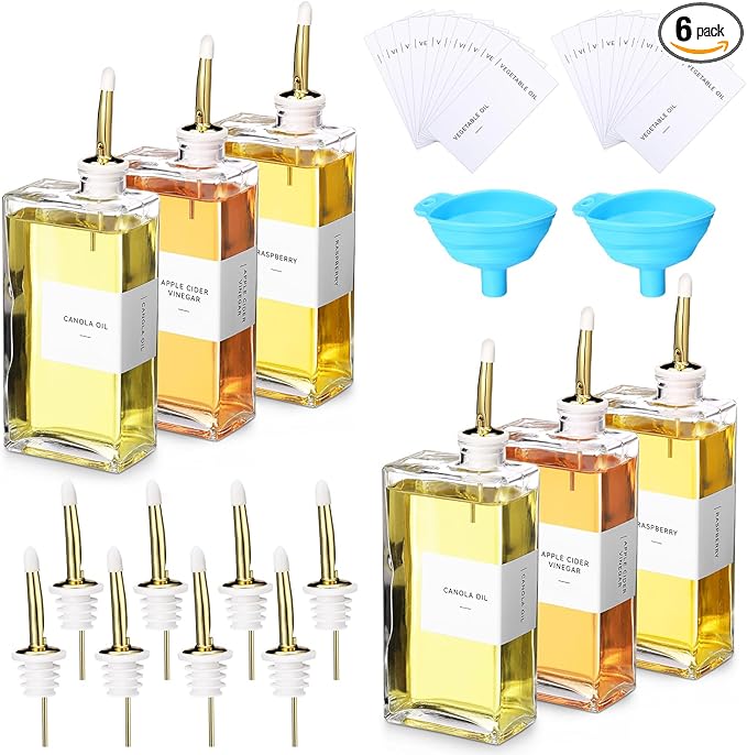 Reallnaive 6 Sets Olive Oil Dispenser Bottles for Kitchen with Nozzles Funnel Labels Cooking Oil Dispenser 500ml Set for Kitchen Vinegar Coffee Syrup (Gold)
