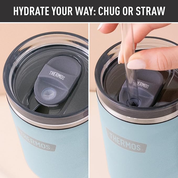 THERMOS Stainless Steel Cup Holder Mug - 40 Ounce, Glacier - Insulated Tumbler with Lid and Straw, Plus Leak-Resistant Slide Lock