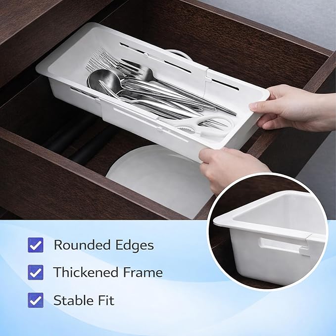 2-Pack Expandable Drawer Organizer for Deep Drawers, Adjustable Storage Tray (17–27 in), Durable PP Smooth Glide Divider for Kitchen, Vanity & Office, Space-Saving Design