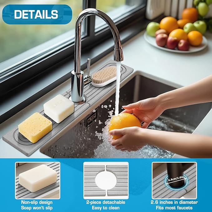 Faucet Mat for Kitchen Sink, Diatomite Quick Drying Tray , Long 23.6'' Kitchen Sink Splash Guard and Bathroom Stone Tray for Counter. Super Absorben. (Light gray-Rectangle, 23.6" x 4")