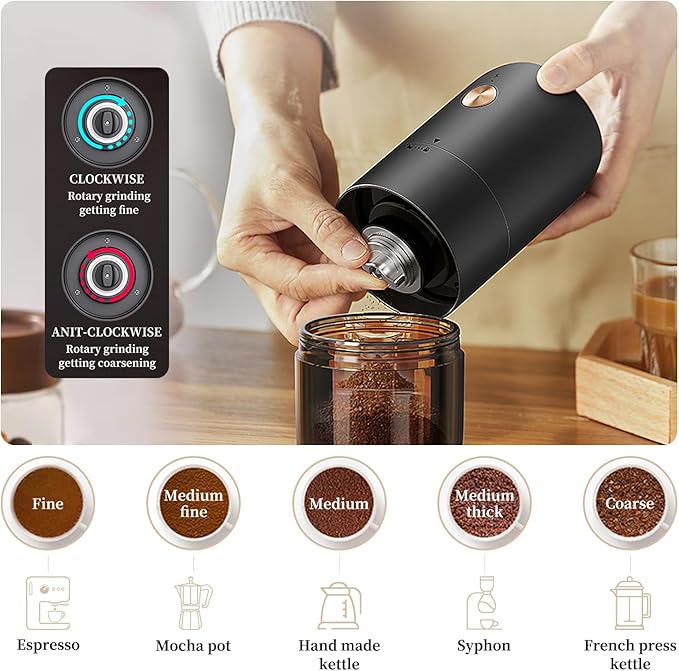 Portable Electric Burr Coffee Grinder by ELMWAY - Rechargeable Mini Coffee Grinder with Stainless Steel Burr & Internal Coarseness Adjustment, Compact for Travel & Home Use - Black