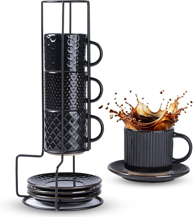 GBhome 6OZ Stackable Coffee Mugs with Stand and Saucer, Ceramic Coffee Mugs Set of 4 with Texture Patterns for Man,Woman,Dad,Mom, Modern Coffee Cups for Latte/Espresso. Dishwasher&Microwave Safe
