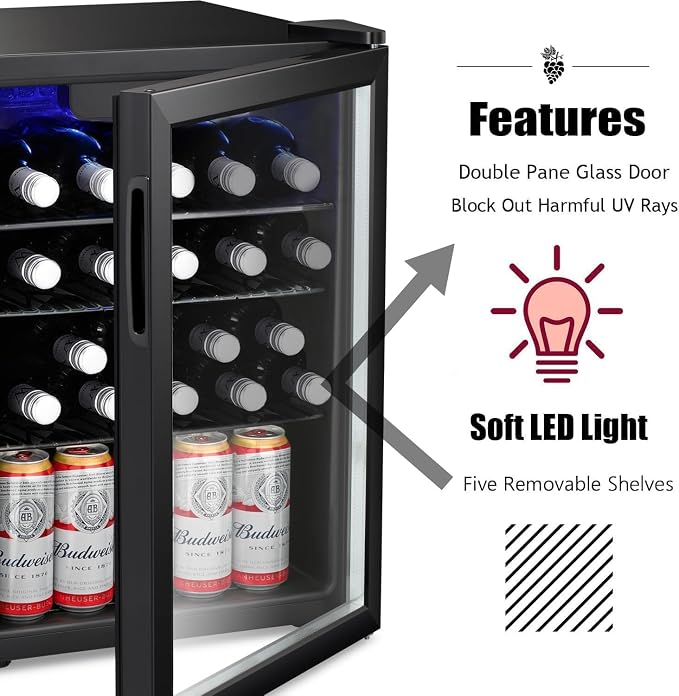 Antarctic Star 16 Bottle Wine Cooler Beverage Refrigerator Beer Soda Clear Glass Door Quiet Bar Fridge Adjust Temp Control Freestanding, 2.41 Cu. Ft
