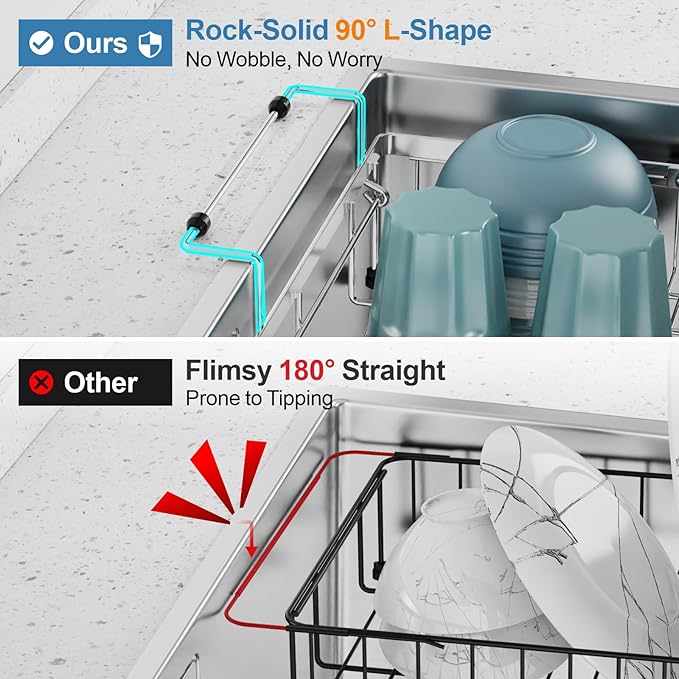 GSlife Expandable Over The Sink Dish Drying Rack - Stainless Steel Heavy Duty in Sink Dish Drainer with Square Corners, Rust Resistant with Lock Knob, Fit for Modern Single & Double Sinks, Black