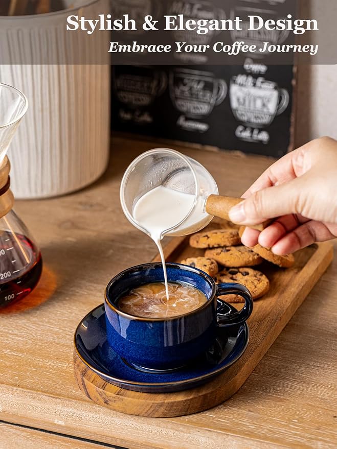 Gomakren 6 Ounce Cappuccino Cups with Saucers and Metal Stand, Stackable Coffee Cup Set of 4, Father's Day Porcelain Espresso Cups for Coffee Drinks, Cappuccino, Latte, Americano, Tea, Cobalt Blue