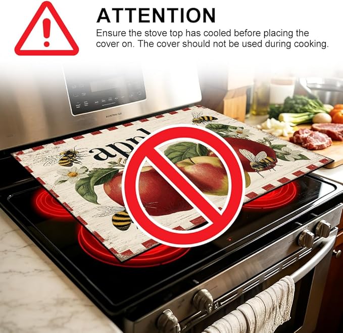 Stove Top Cover for Electric Stove 28.4 x 20.5 Inch Non Slip Stove Mat Oil Proof Apples Bees Glass Cooktop Protector Kitchen Mat
