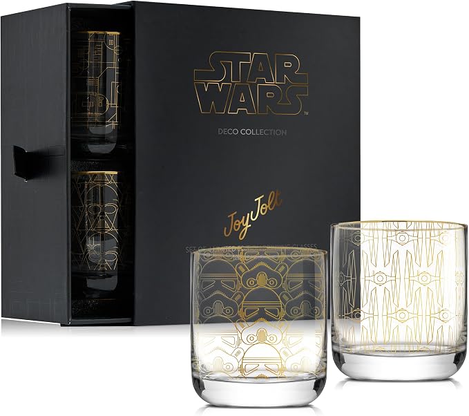 JoyJolt Star Wars Glassware. 'Deco' Lowball Glasses Set of 4, 10oz Star Wars Glasses. Short Tumbler with Darth Vader in Retro Crystal Glass Cup. Double Old Fashioned Rocks or Water Glass