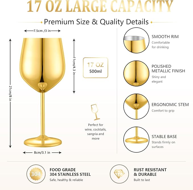 UNISWEET Stainless Steel Wine Glasses Set of 4 Unbreakable Wine Glass 18 oz Unique Metal Wine Goblets for Outdoor, Travel, Camping, Pool, Ideal Gift for Wine Lovers (Gold)