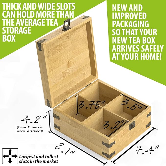 Bamboo Tea Organizer Box Chemical Free Eco-Friendly Big, Tall, Adjustable Cubbies Natural Wooden Storage Chest (4-Slot Square 7.4" x 8.1" x 4.2" with Tea Leaf Design)