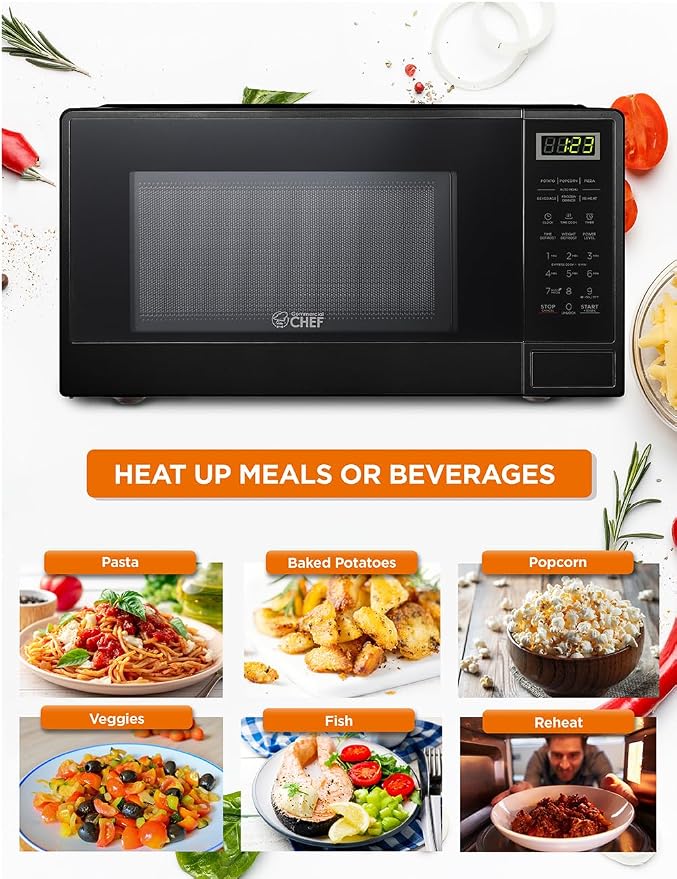 COMMERCIAL CHEF 1.1 Cu Ft Microwave with 10 Power Levels, Small Microwave with Push Button, 1100W with Kitchen Timer, Door Lock, & Digital Controls, Black