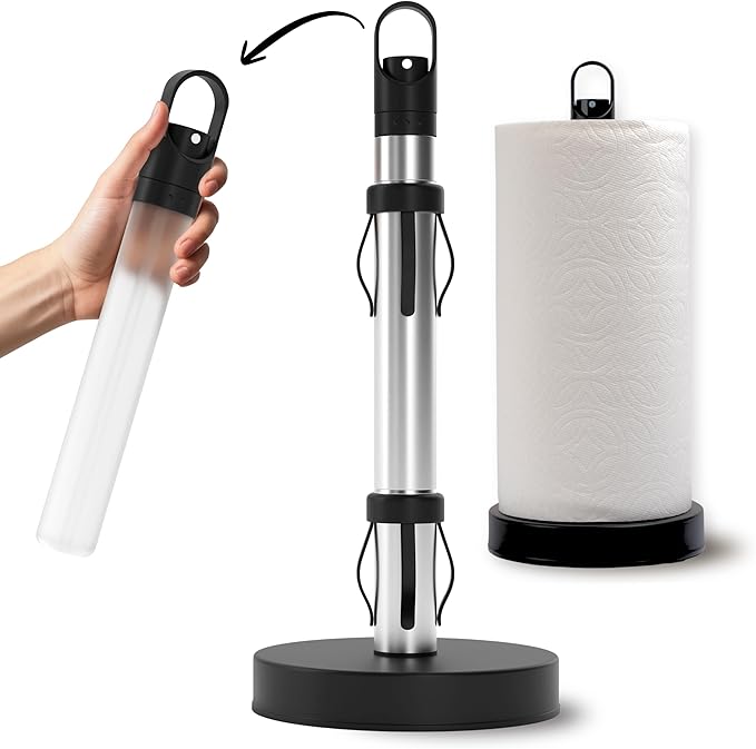Stainless Steel Paper Towel Holder with Spray Pump – One-Handed Tear, Smart Traction System, 5 oz Sprayer Bottle, Heavy Duty Suction Cups, Weighted Base, Kitchen Towel Dispenser for Countertop Use