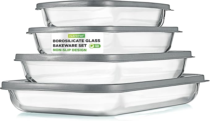 NutriChef 8-Piece Deep Glass Baking Dish for Oven with Lids - Casserole Dishes for Oven - Bakeware Sets for Lasagna, Meatloaf, Leftovers, Cooking, & Dishwasher Safe -Gray