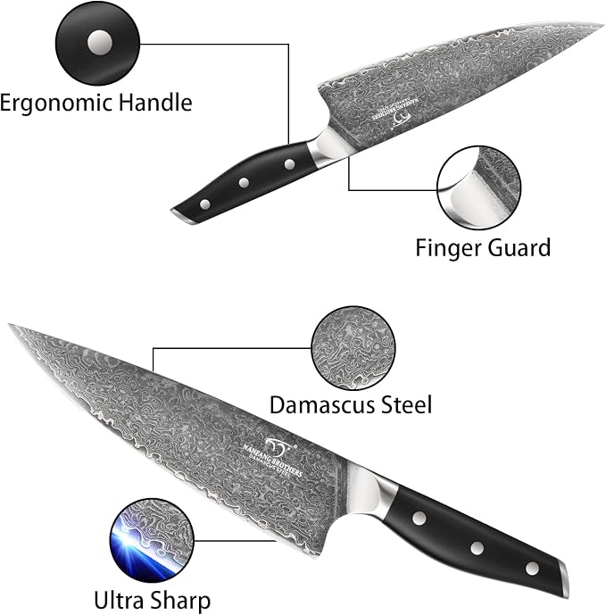 Damascus Knife Set with Block, 16-Piece VG10 67-Layer Steel Kitchen Knives | 16-piece premium Damascus kitchen knife set with VG10 steel core, 67 layers, wood block, and triple-rivet handles