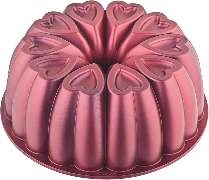 Heart Shape Cast Aluminum Molded Cake Pan, Titanium Coating, Non-Stick, 12 Cups, Heavy Duty, 10 Inch Pound Cake Pan, Gifts for Mom, Fluted Tube Pan, Easy to Clean (Red)