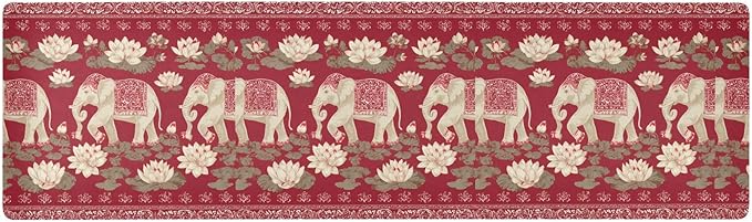 Red Retro Elephants Lotus Trivet Table Runner Heat Resistant 230F for Hot Dishes Pots Plates Kitchen Dining Table Protector Decorative 39.37x 11.8