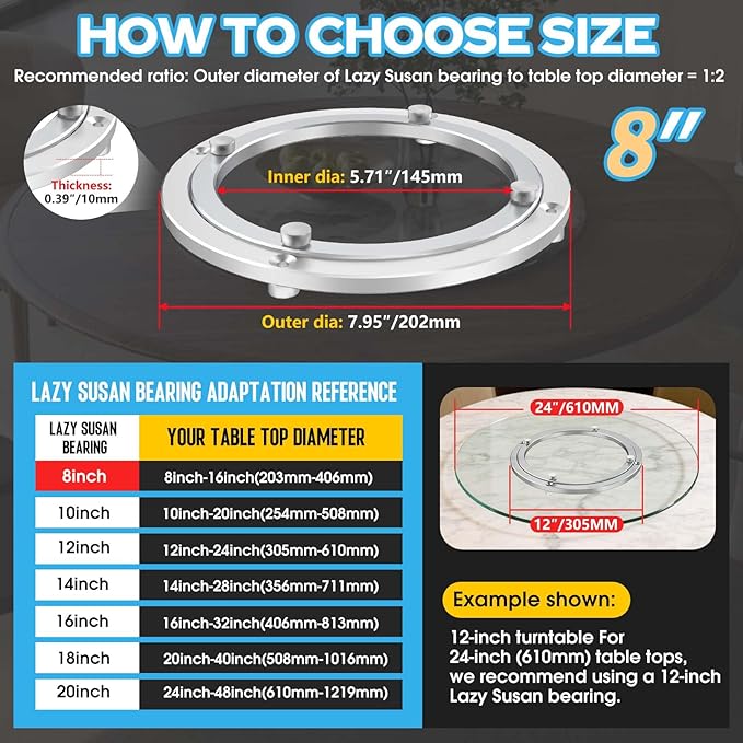 Lazy Susan Hardware,8 inch Heavy Duty Lazy Susan Bearing Kit,Rotating Serving Turntable for Aluminium Alloy Turntable Bearing,Swivel Base Hardware for Dining Table,DIY,Display Stand,Workbench