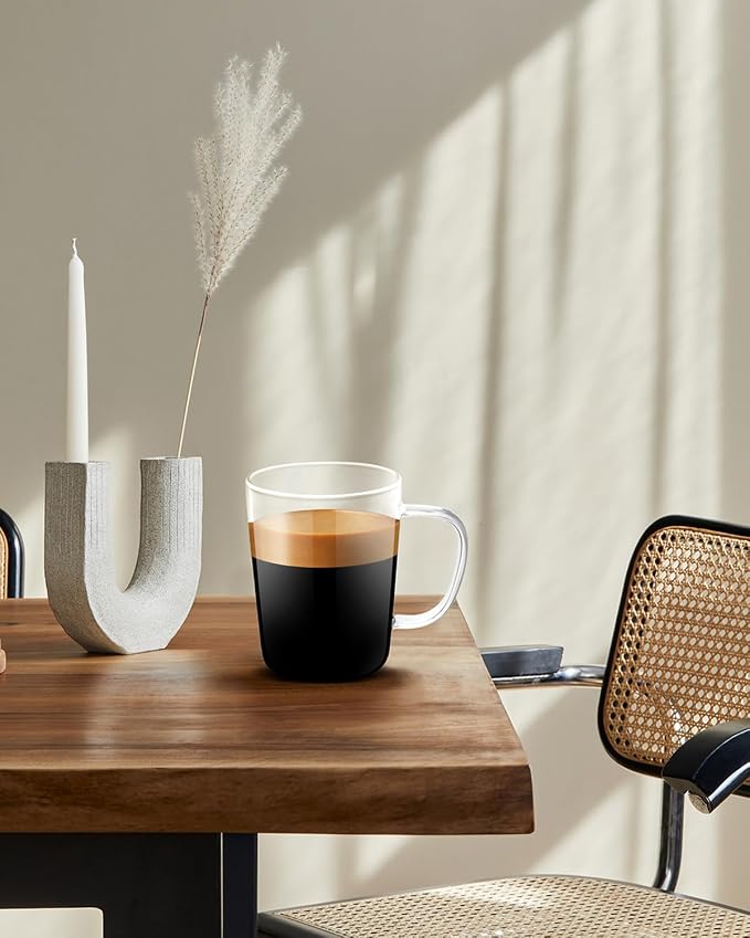 LUXU Glass Coffee Mugs(Set of 4)-17 oz,Clear Beer Mugs,Glass Tea Cups with Comfortable Handle,Lead-free Drinking Glasses,Perfect for Latte,Espresso,Juice,Water,Milk or Hot and Cold Beverage