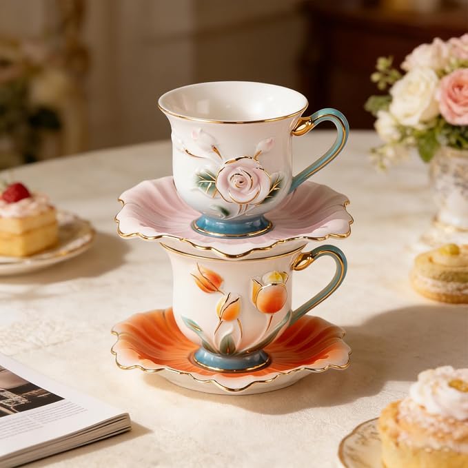 KAMMAK Tea Cups and Saucers Set of 2, Porcelain Coffee Cups, Stackable Espresso Mugs, Ceramic Demitasse for Coffee, Latte, Americano, Tea, Relief - Pink + Orange