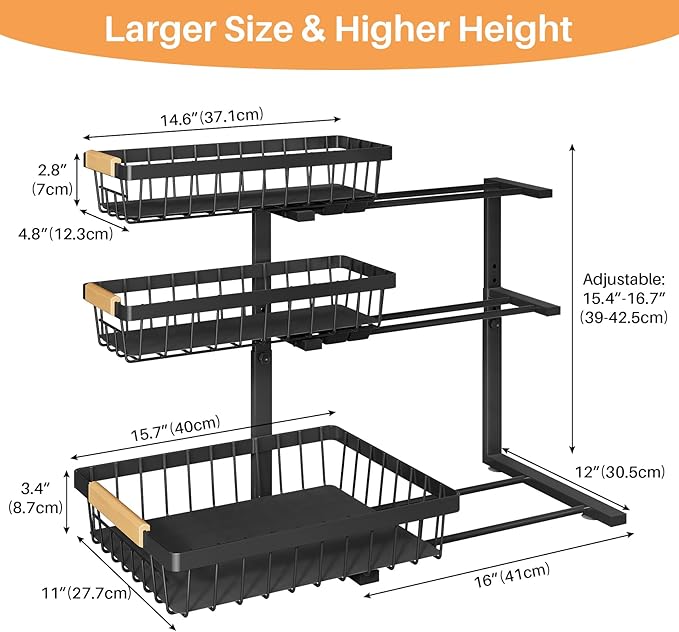 PXRACK Under Sink Organizer, 3-Tier 2-Pack Adjustable Height Pull Out Under Cabinet Organizer, Slide Out Thickened Metal Under Sink Storage for Kitchen Bathroom Laundry Pantry Organization, Black