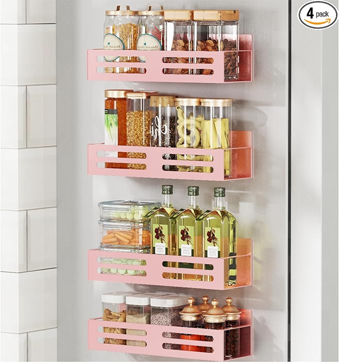 Magnetic Spice Rack for Refrigerator, Metal Spice Rack Organizer, Magnetic Shelf for Fridge 4Pack Pink