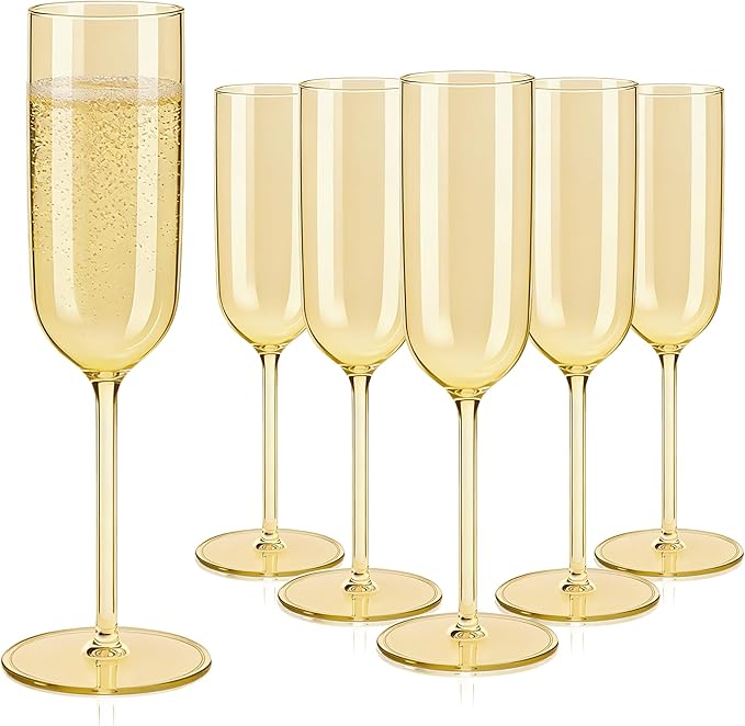 Plastic Champagne Flutes Set, 6oz Unbreakable Champagne Glasses Bulk, Shatterproof Reusable Mimosa Prosecco Sparkling Wine Cups for Wedding Party (Gold, 24pcs)