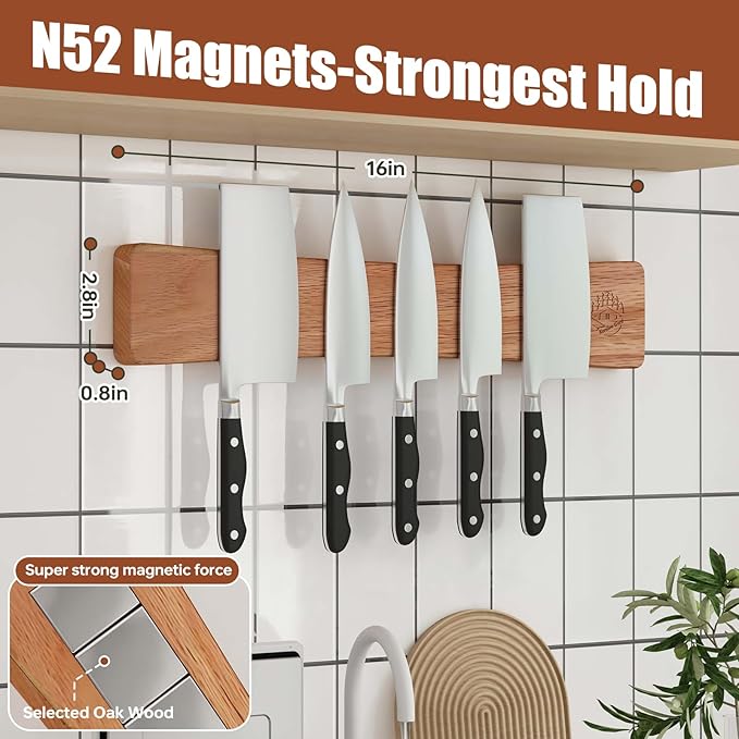 Magnetic Knife Strip, 16 Inch Oak Magnetic Knife Holder for Wall with N52 Super Strong Magnets, Premium Wooden Knife Magnetic Strip Organizer for Kitchen Knives, Tools,No Drilling
