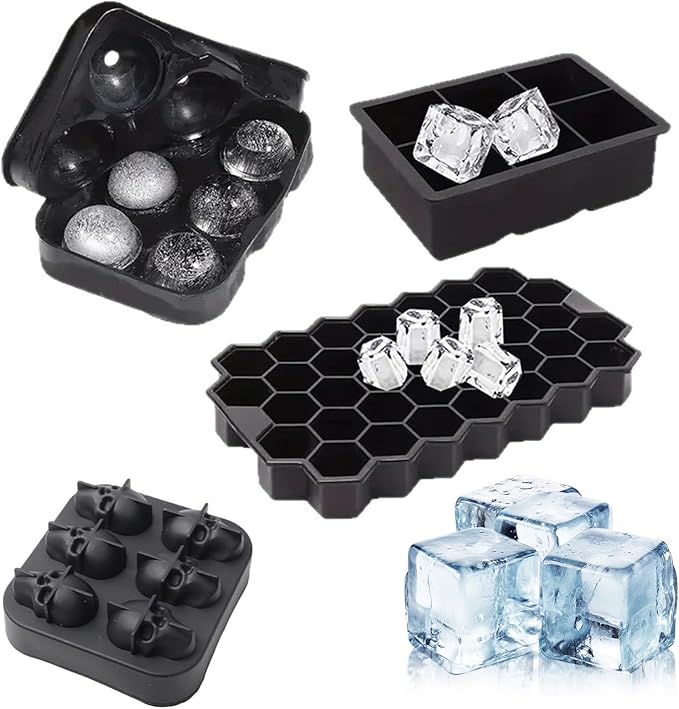 Ice Cube Trays, Ice Maker with Lid & Large Ice Cube Maker for Whiskey, Cocktails and Homemade, Keep Drinks Chilled Black, Set of 4