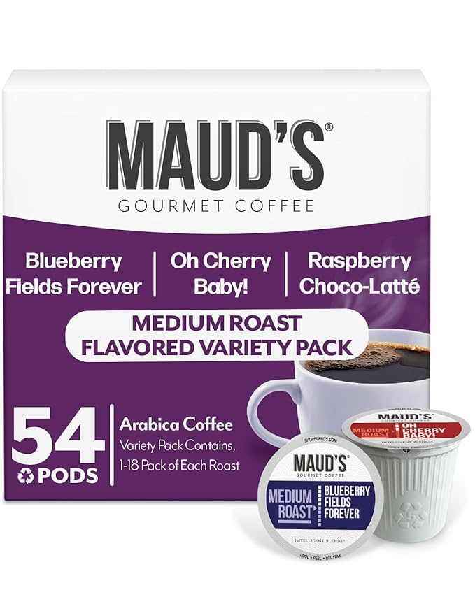 Maud's Blueberry, Cherry & Raspberry Chocolate Flavored Pods Bundle, 54 ct, Medium Roast Flavored Coffee in Single Serve Pods – 100% Arabica Coffee, Compatible with Keurig K Cups Maker