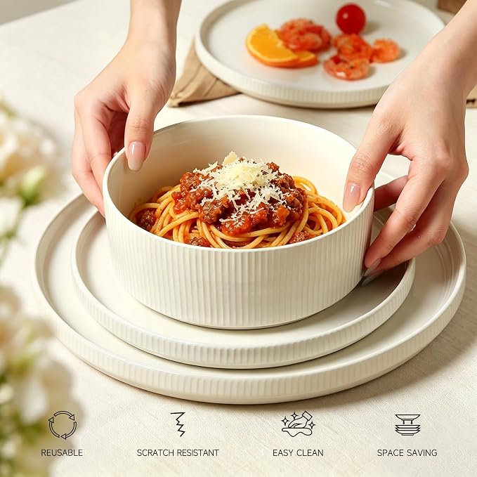 MONITO Ceramic Dinnerware 16 Pieces Dinner Set,Plates Pasta Bowls Cereal Bowls Reactive Change Glaze Dish Sets, Modern Stoneware Dishes,Gift, Creamy white