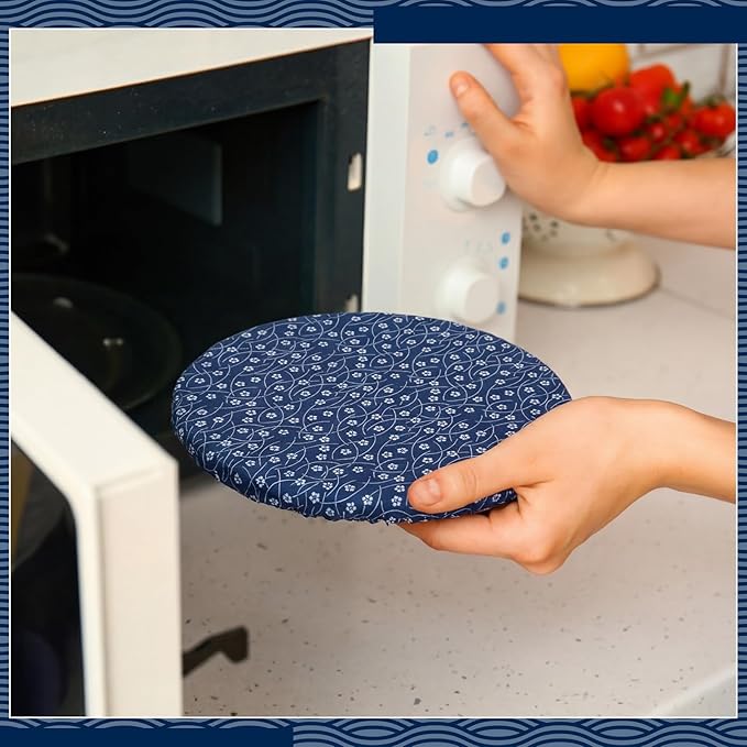 Patelai 10 Pcs Bowl Covers Reusable in 5 Size Stretch Cloth Fabric Elastic Food Storage Bowl Covers Bread Sourdough Lids for Proofing Food Fruits Leftover(Blue White,Geometric Style)